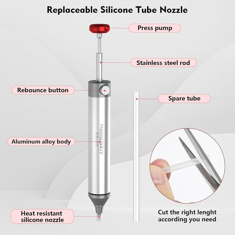 HANDSKIT ممتص اللحام، شريط إزالة اللحام بدون انسداد لإزالة اللحام، أنبوب فوهة مقاوم للحرارة، أداة إزالة اللحام، مضخة لحام بقوة شفط قوية، مسدس إزالة اللحام، منظف الحديد اللحام - Image 2